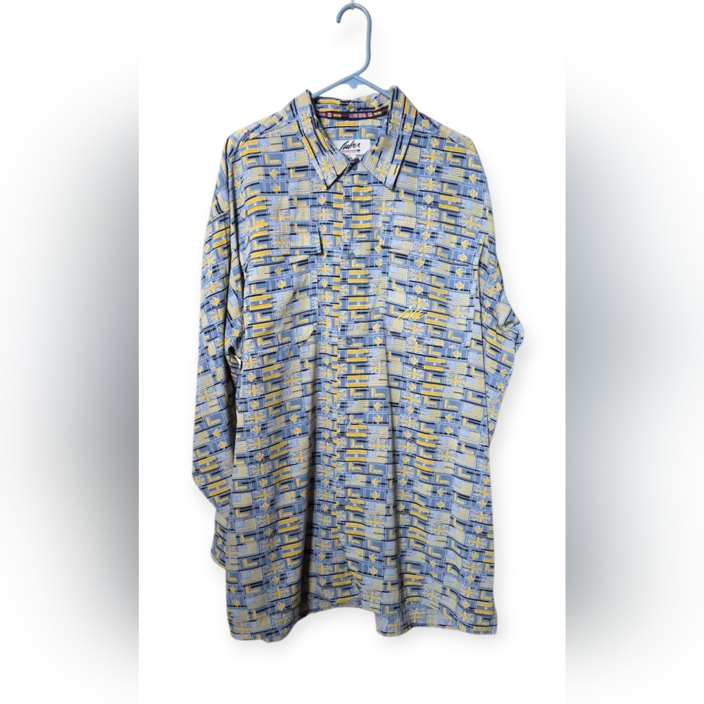 FUBU Vintage Y2K Yellow & Blue Print‎ Button Down LS Shirt EUC